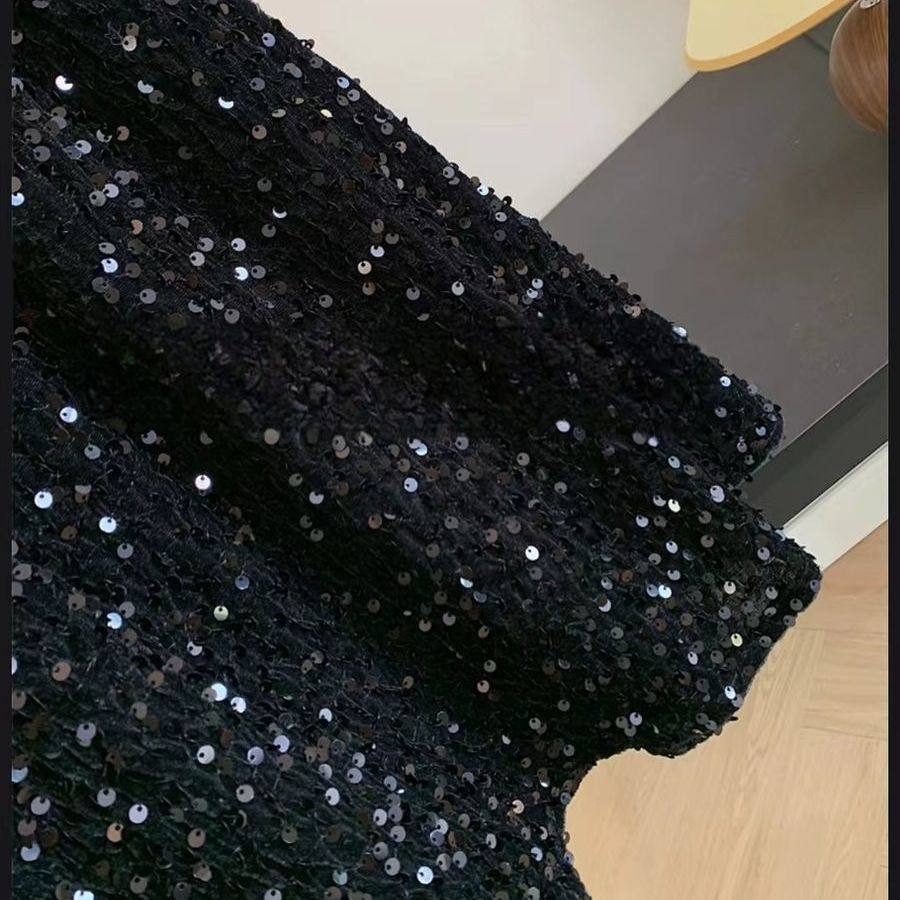 闪光少女女童丝绒黑色亮片半身裙2025春秋儿童新款百搭中长裙子潮,淘宝优惠券,粉丝福利购,淘宝优惠卷