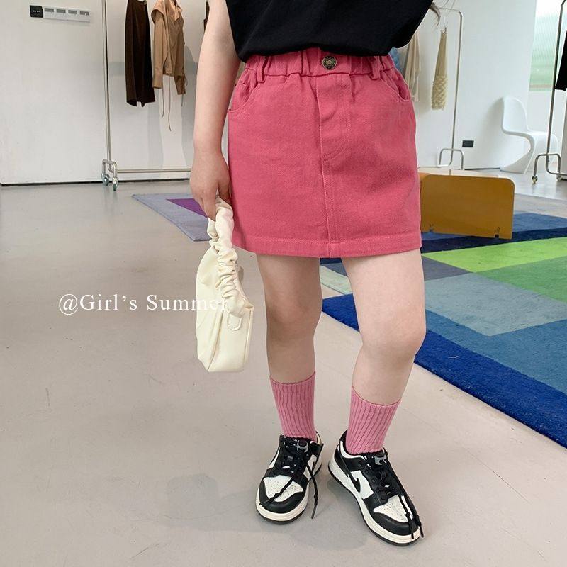 女童牛仔短裙夏季新款火龙果色儿童韩版洋气包臀裙宝宝裙子潮,淘宝优惠券,粉丝福利购,淘宝优惠卷