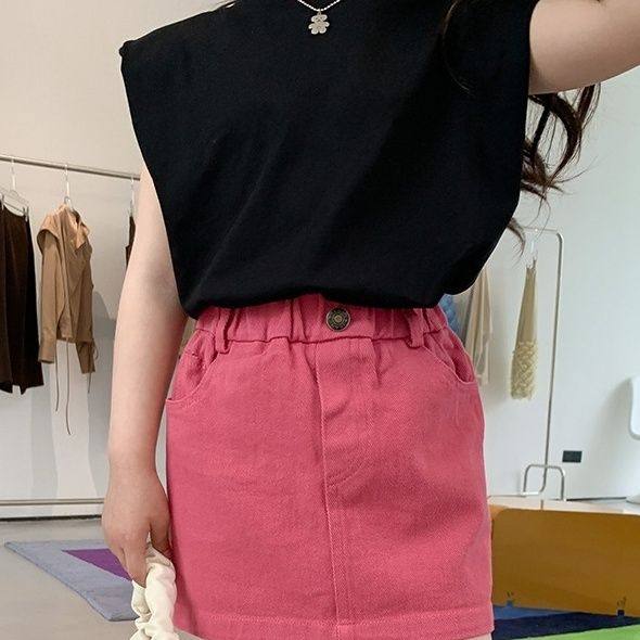 女童牛仔短裙夏季新款火龙果色儿童韩版洋气包臀裙宝宝裙子潮,淘宝优惠券,粉丝福利购,淘宝优惠卷