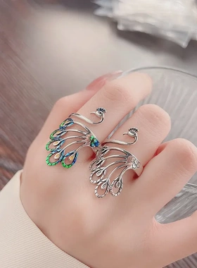 创意复古活口孔雀S925纯银宽面戒指女民族风泰银凤凰做旧戒指环