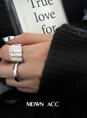 戒指日韩S925银个性宽边女复古时尚重工几何开口指环食指戒