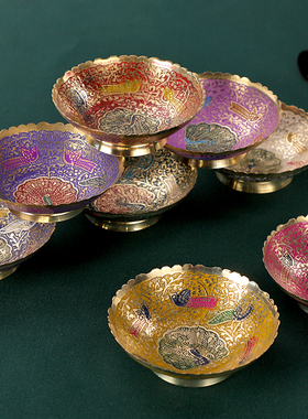 尼泊尔七彩孔雀碗合金铜糖果盘供果盘零食盘工艺品创意客厅摆件碗