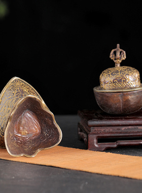 尼泊尔手工供奉佛具托巴紫铜格桑花鎏金碗佛前家用供水酒杯摆件