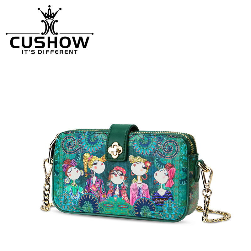 卡秀原创牛皮印花链条小方包斜挎包 卡秀女士包袋