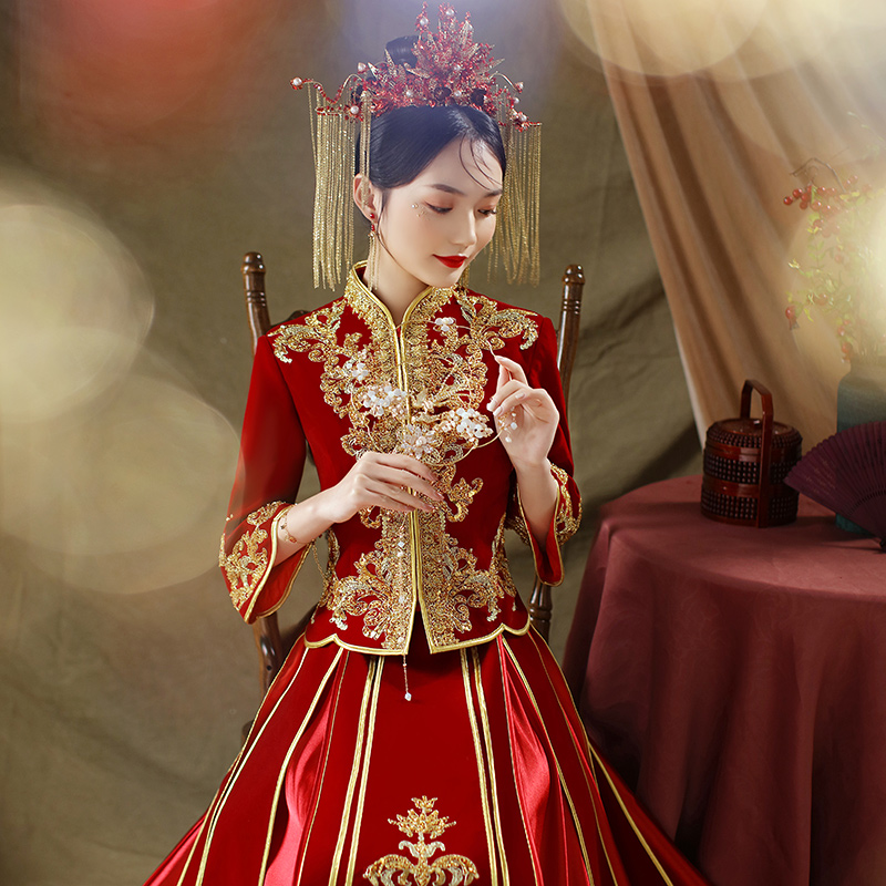 逸芬梦纺旗舰店丝绒秀禾服新款春夏结婚新娘礼服女婚纱中式嫁衣中国风秀和服0
