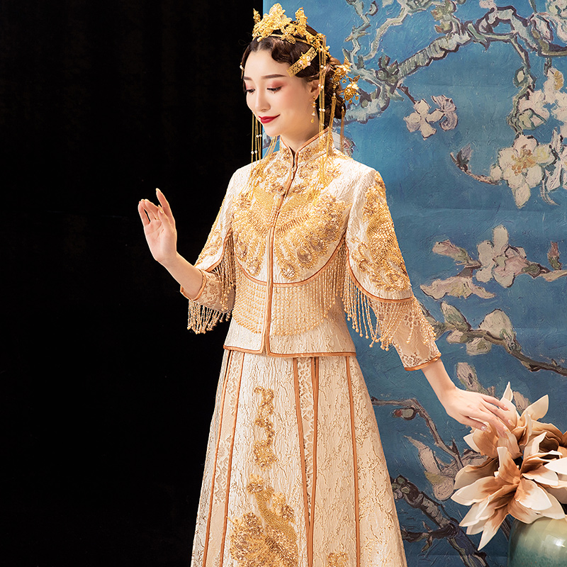 逸芬梦纺旗舰店秀禾服新娘新款春夏金色凤冠霞帔结婚旗袍敬酒服中式婚纱礼服2