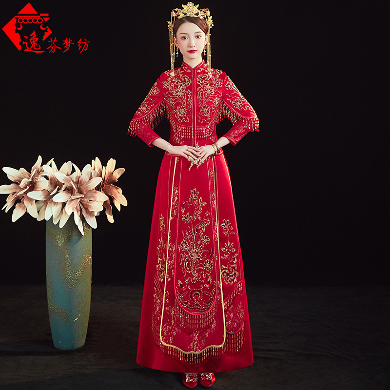 逸芬梦纺旗舰店秀禾服新娘新款金色凤冠霞帔中式结婚旗袍敬酒服婚纱礼服嫁衣3