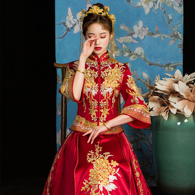 逸芬梦纺旗舰店秀禾服新款结婚新娘礼服中式凤冠霞帔婚纱嫁衣中国风龙凤褂夏0