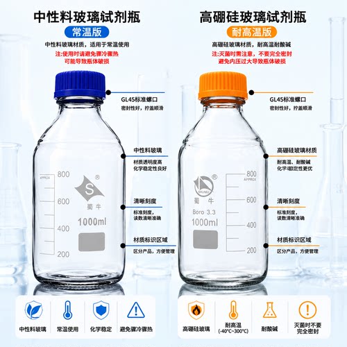 蜀牛 试剂瓶 化学玻璃蓝盖试剂瓶500ml螺口瓶 流动相玻璃瓶 丝口瓶 实验室 蓝盖瓶 溶剂发酵补料取样瓶广口瓶 - 图2