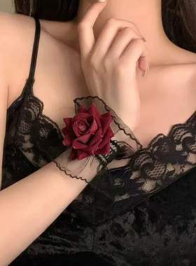 暗黑系舞蹈洛丽塔黑色蕾丝手腕套手链女酒红色玫瑰花礼服少女跳舞