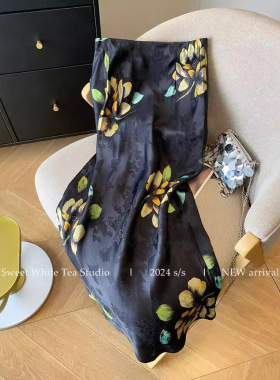 新中式黑色半身裙女夏季新款高腰轻奢高级感复古包臀a字中长裙子