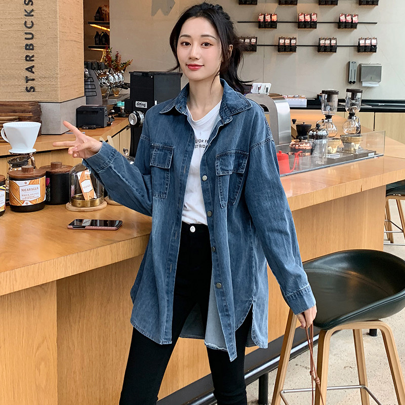 春季牛仔外套女韩版宽松风衣中长款复古长袖上衣春秋衬衫显瘦休闲