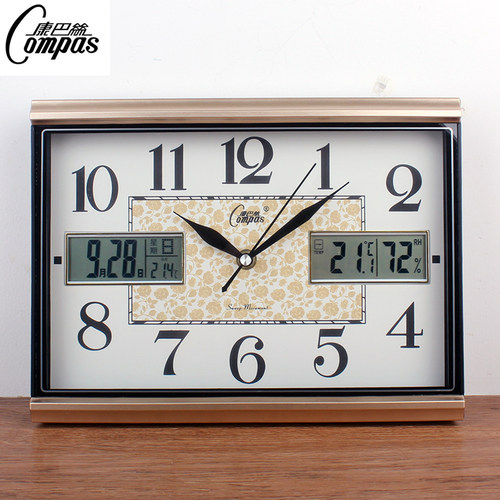 康巴丝钟表万年历双屏静音台钟挂钟简约座钟温度湿度星期农历座钟 - 图0