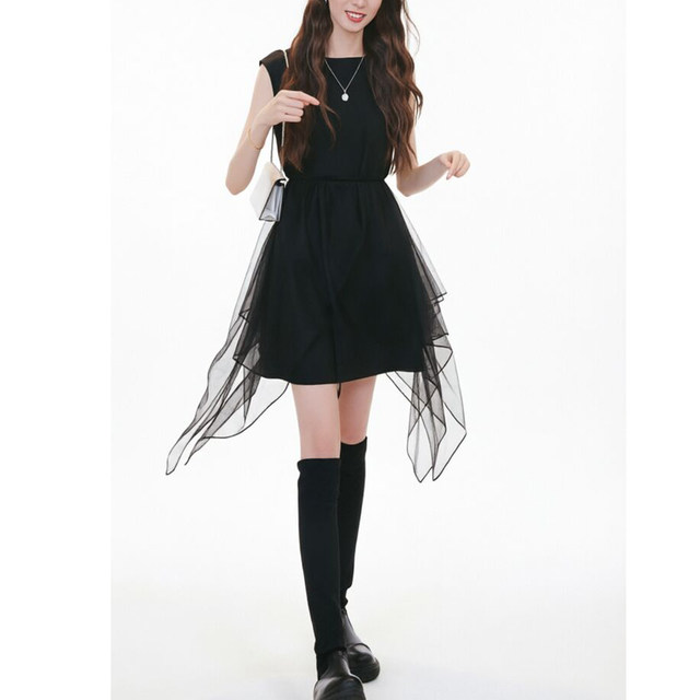 ຄົນອັບເດດ: Sleeveless Dress Mesh Splicing Slimming Skirt