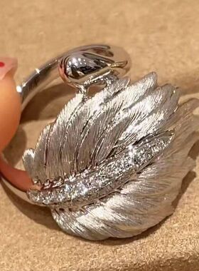 复古拉丝工艺羽毛戒指S925纯银拉丝工艺锻面轻奢高级感小众设计