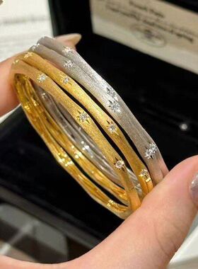 纯银S925中古风拉丝工艺缎带星芒拉丝手镯手链细女款素圈镶钻镯子