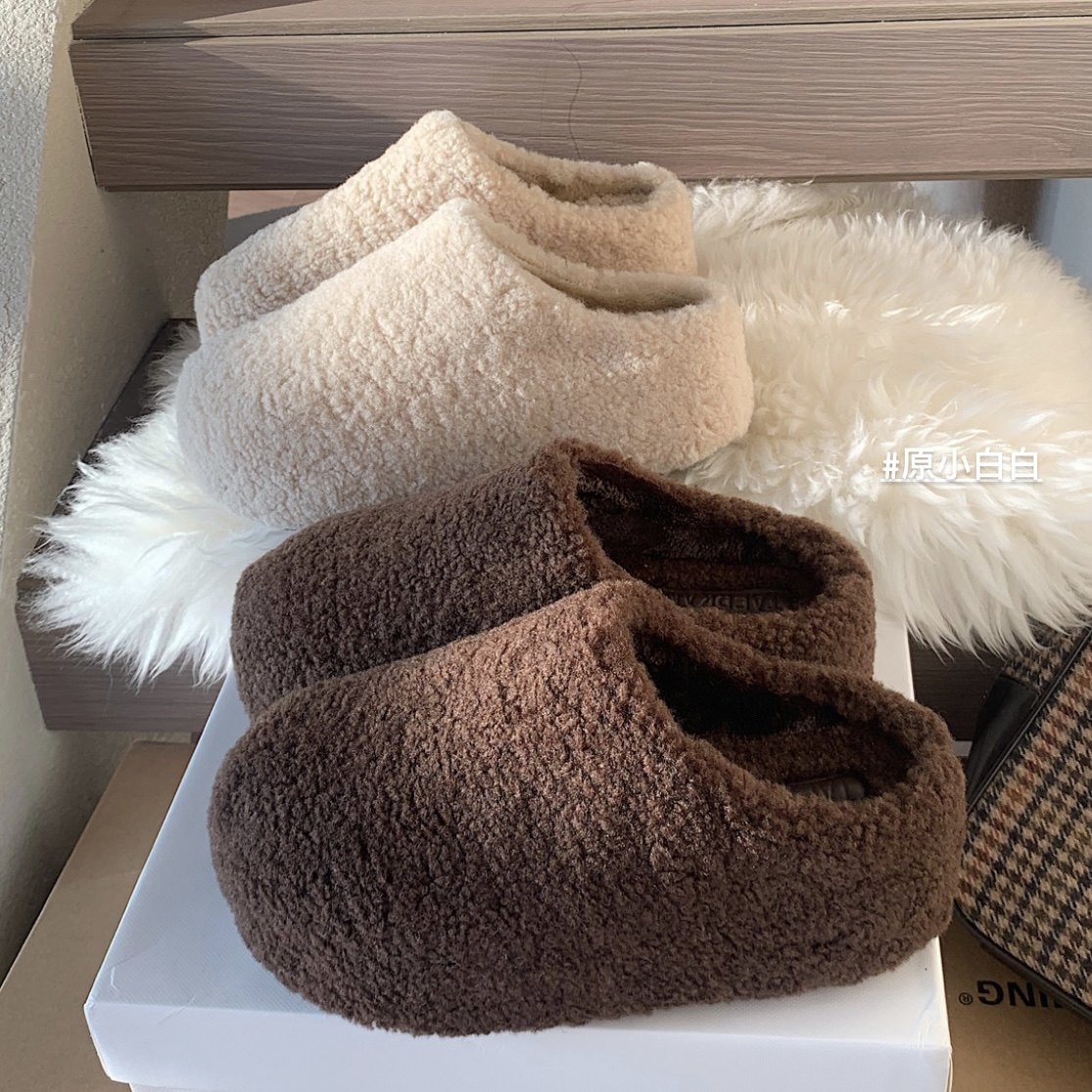 原小白白羊羔毛小暖包加绒6cm厚底毛毛拖鞋女半包雪地棉鞋冬季,淘宝优惠券,粉丝福利购,淘宝优惠卷