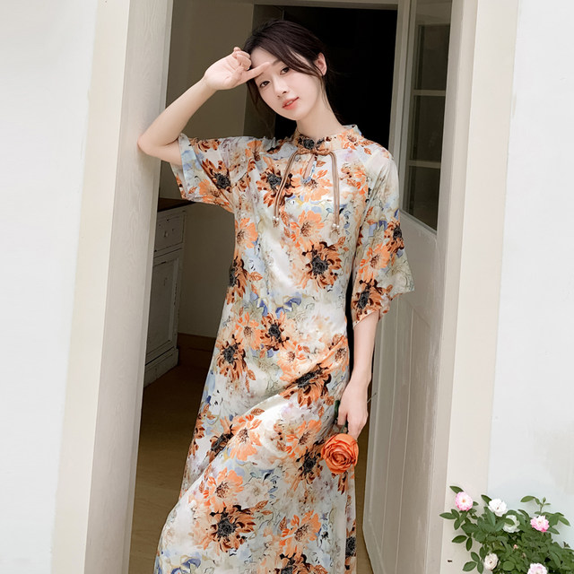 Summer loose cotton silk dress women's new young mother retro style stand-up collar short-sleeved slim mid-length skirt