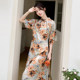 Summer loose cotton silk dress women's new young mother retro style stand-up collar short-sleeved slim mid-length skirt