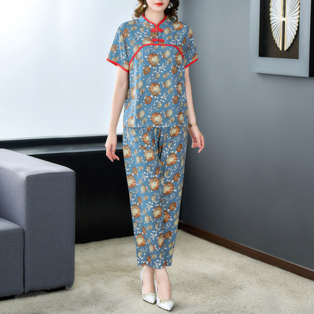 2023 Cotton Silk Cheongsam Style Mom Suit Summer ແບບໃຫມ່