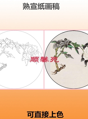 花鸟圆形扇面宣纸工笔画白描