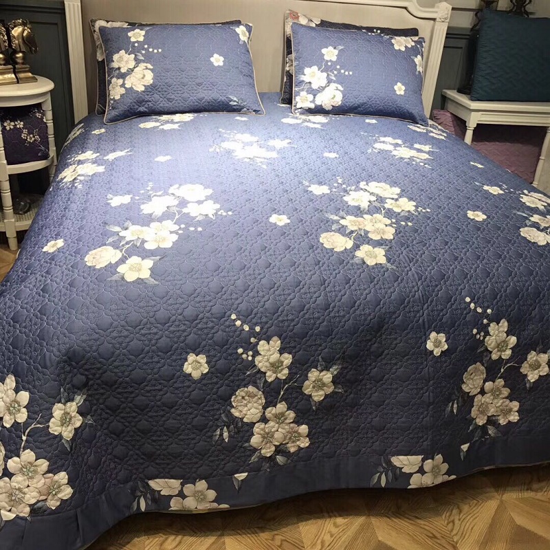 韩式加大60支纯棉植物花卉绗缝多用被床盖床单床垫三件套-图2