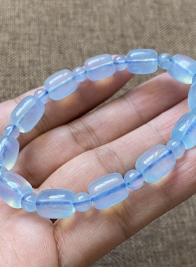 新货天然海蓝宝路路通手链蓝色冰种桶珠男女水晶手串单圈保真天然