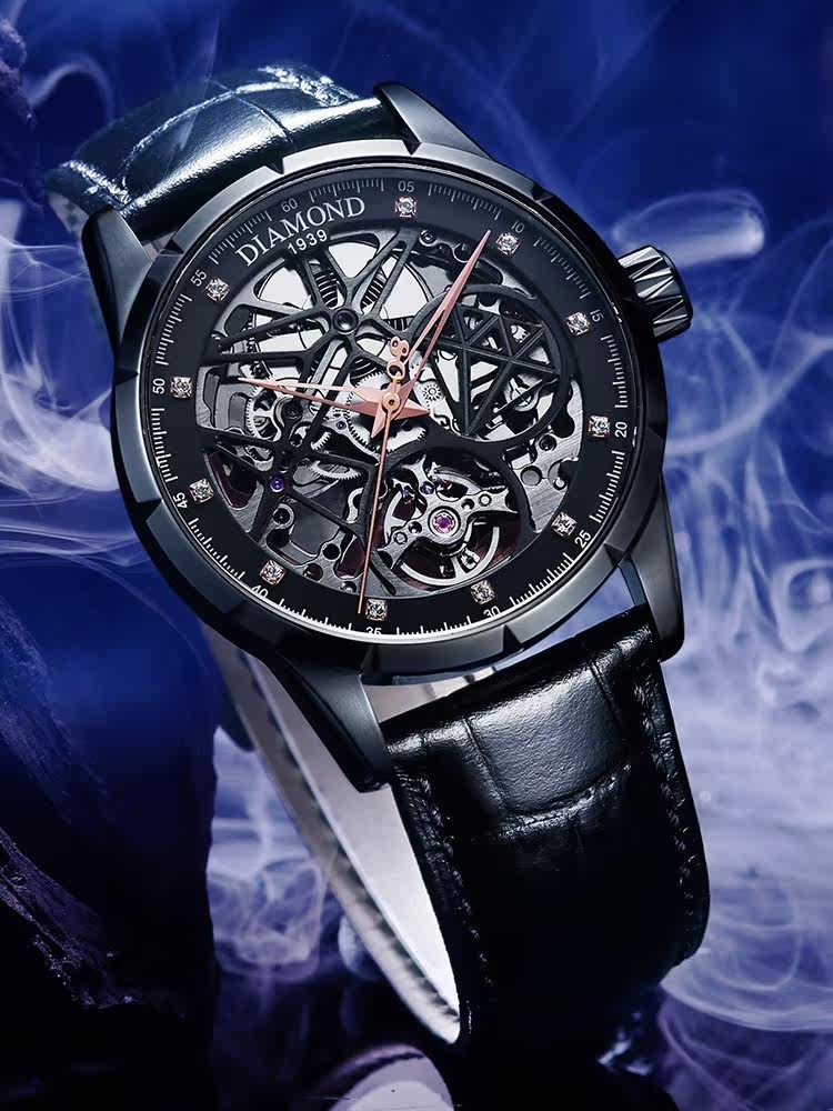 上海钻石牌自动镂空透底运动机械表 好星晴手表国产腕表