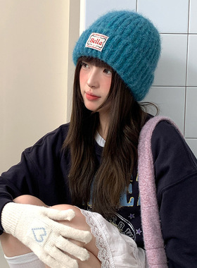 湖蓝色针织毛线帽女2025新款秋冬保暖冷帽大头围防寒加厚护耳帽子