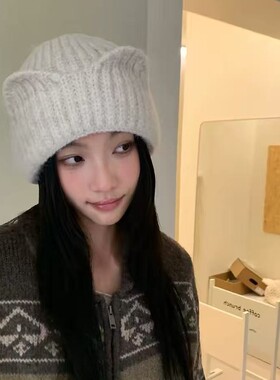 可爱猫耳针织冷帽秋冬季加厚保暖防寒显脸小大头围百搭毛线护耳帽
