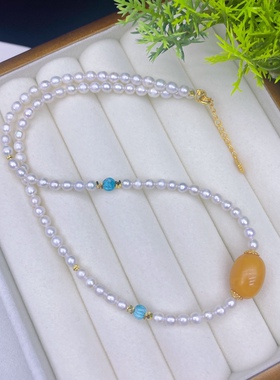天然俄料蜜蜡珍珠 绿松项链 清新淡雅