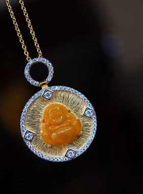 天然蜜蜡佛吊坠 满蜜蜜蜡弥勒佛 s925银镀金镶嵌 拉丝工艺