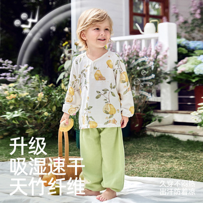 婧麒宝宝睡衣套装夏季竹纤维纱布