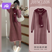 Pregnant woman striped dress with long style Chic Slim Knit Dress Small Sub Big Code Skirt Easy Autumn Winter Long Dress