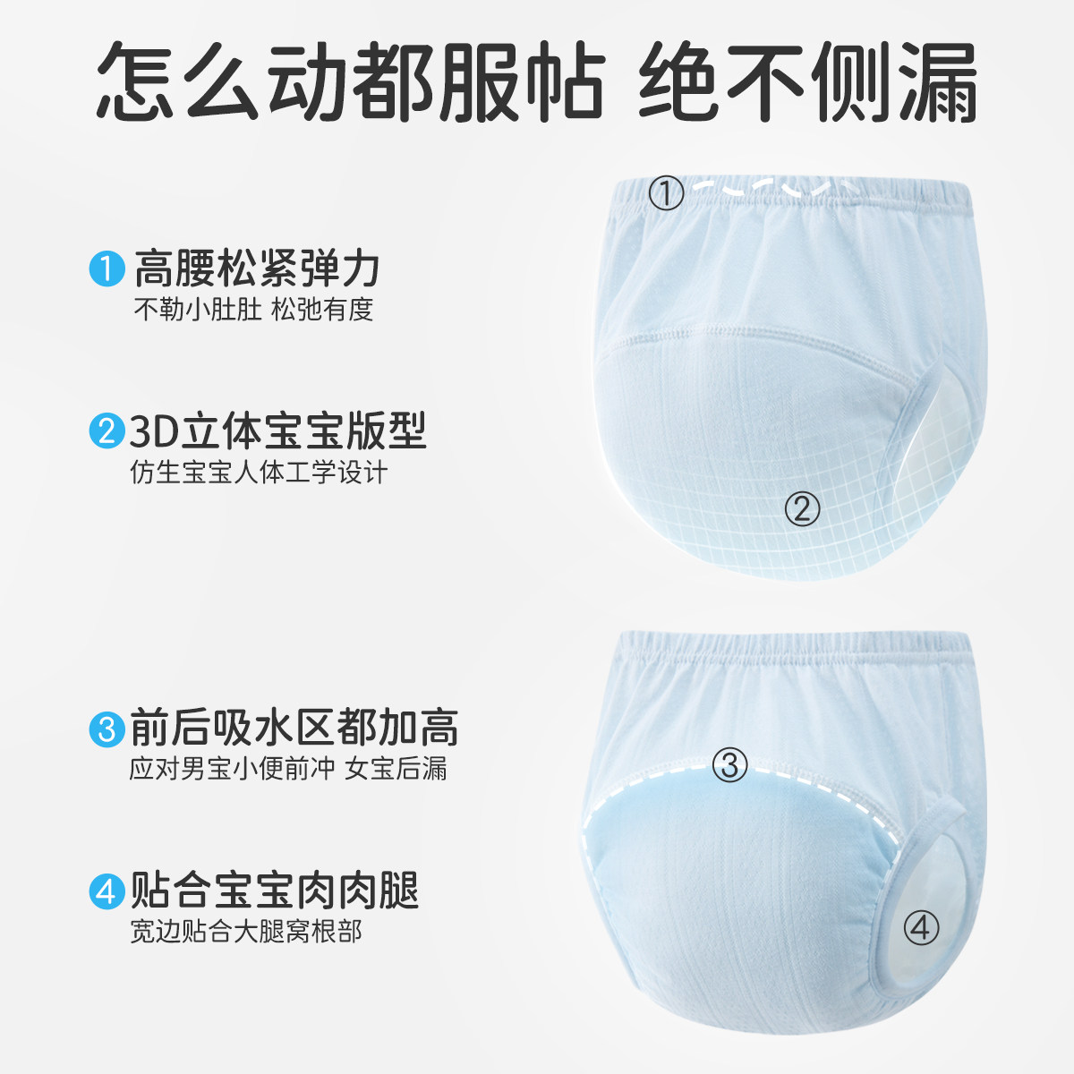 婧麒婴儿戒尿不湿训练裤透气防漏宝宝如厕训练裤立体可水洗尿布裤
