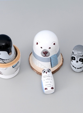 俄罗斯套娃5层白熊卡通可爱木质工艺品儿童玩具创意摆件节日礼物