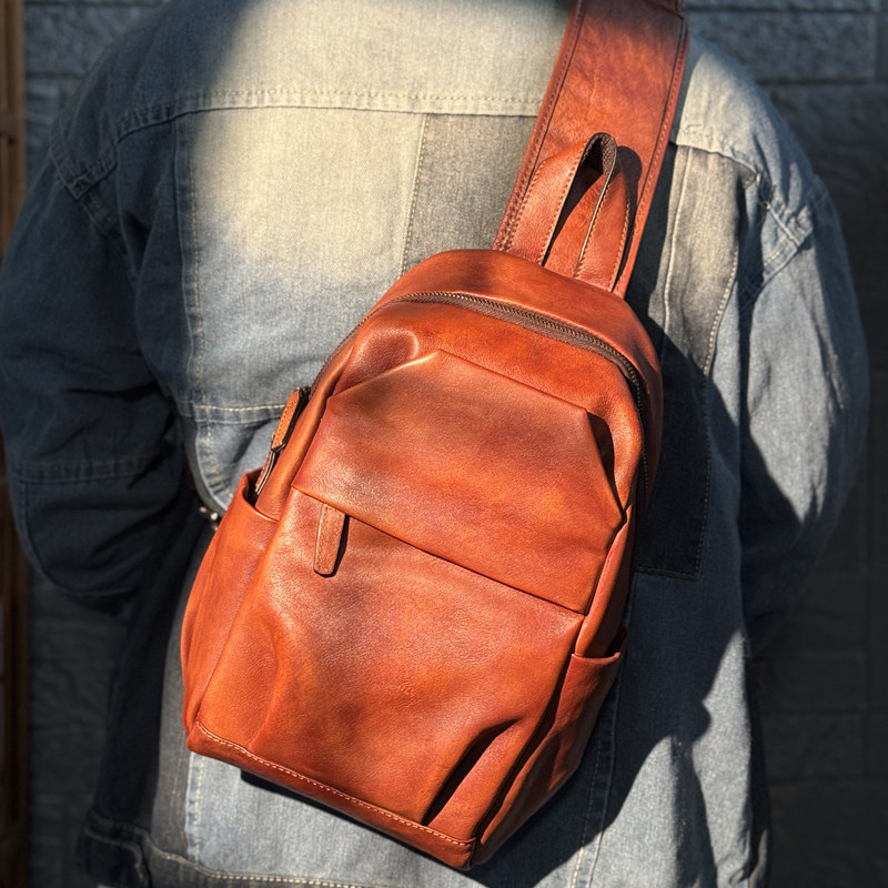 复古手工擦色植鞣牛皮男士胸包大容量休闲多功能小背包单肩斜挎包,淘宝优惠券,粉丝福利购,淘宝优惠卷