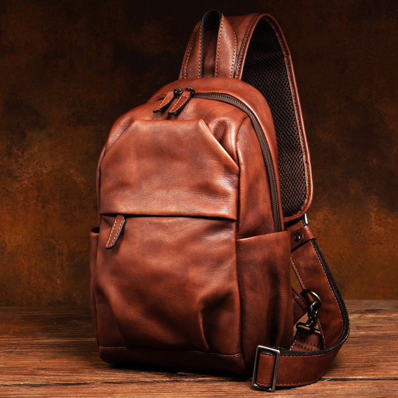 复古手工擦色植鞣牛皮男士胸包大容量休闲多功能小背包单肩斜挎包,淘宝优惠券,粉丝福利购,淘宝优惠卷