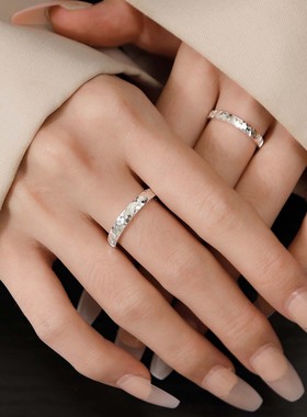 s999足银碎冰冰情侣戒指一对男女活口纯银闭口对戒情人节礼物刻字