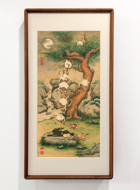 新《猴子捞月》中国风宝可梦周边猴怪月亮伊布国画山水喷绘装饰画