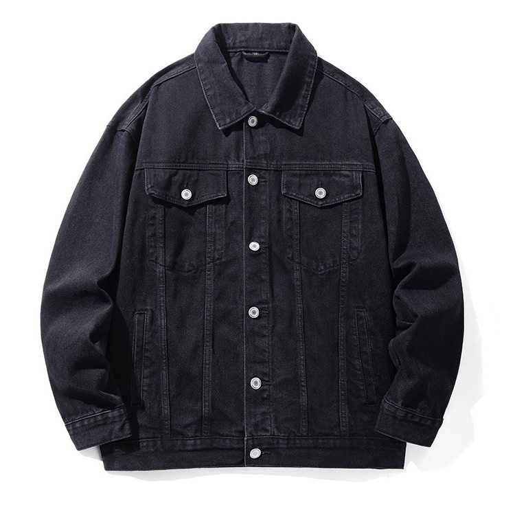 日系潮牌霸气火麒麟刺绣牛仔衫国潮黑色宽松夹克机车男士牛仔外套 - 图0