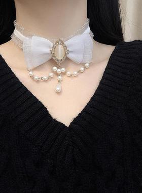 蝴蝶结蕾丝锁骨链珍珠吊坠颈链网红同款时尚百搭写真choker项链