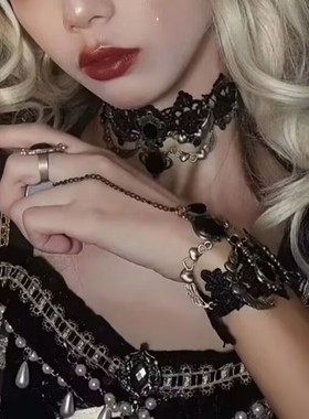 欧美黑色蕾丝项链复古夸张女项饰品爱心桃心水晶锁骨链混Y287