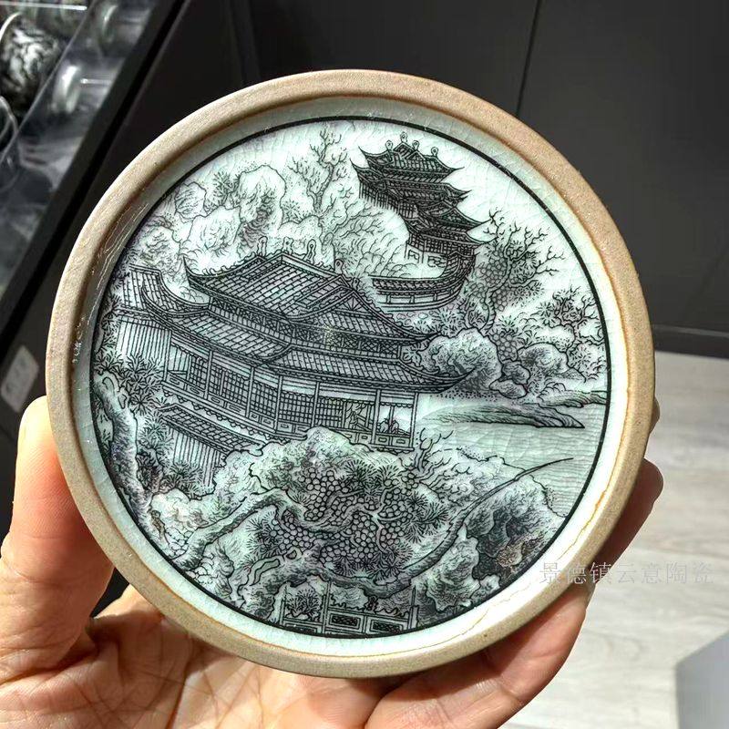 景德镇陶瓷盖置墨彩山水楼阁杯垫老陶泥中式家用壶盖垫茶托配件,淘宝优惠券,粉丝福利购,淘宝优惠卷