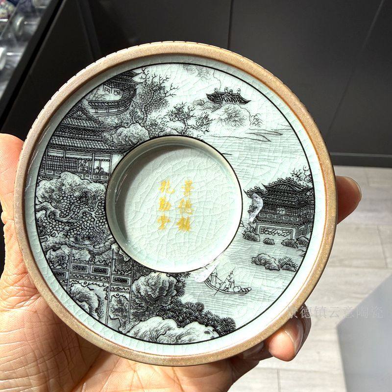 景德镇陶瓷盖置墨彩山水楼阁杯垫老陶泥中式家用壶盖垫茶托配件,淘宝优惠券,粉丝福利购,淘宝优惠卷