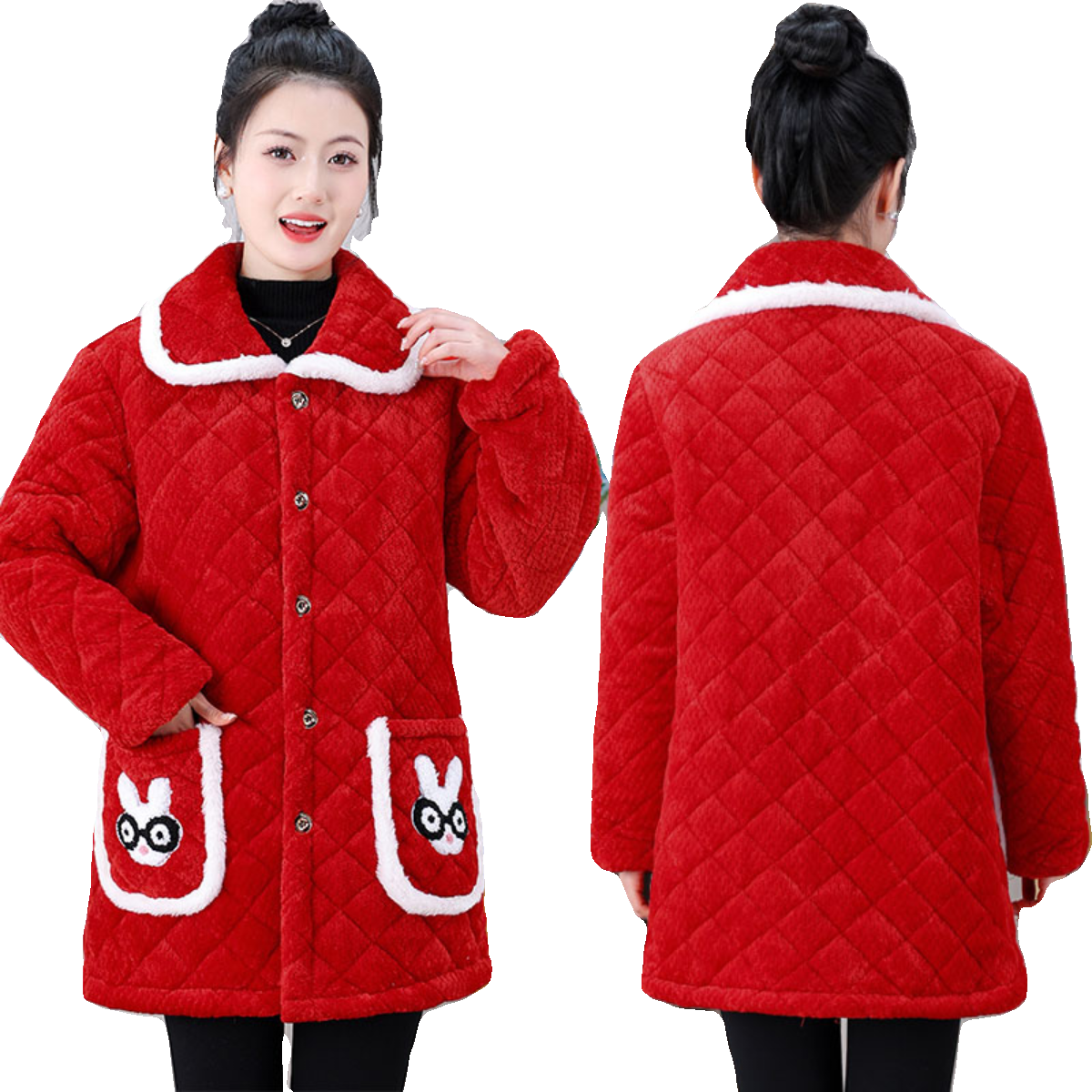 冬季棉服洋气宽松时尚罩衣女外穿兔眼睛加绒保暖棉衣耐脏外套百搭 - 图3