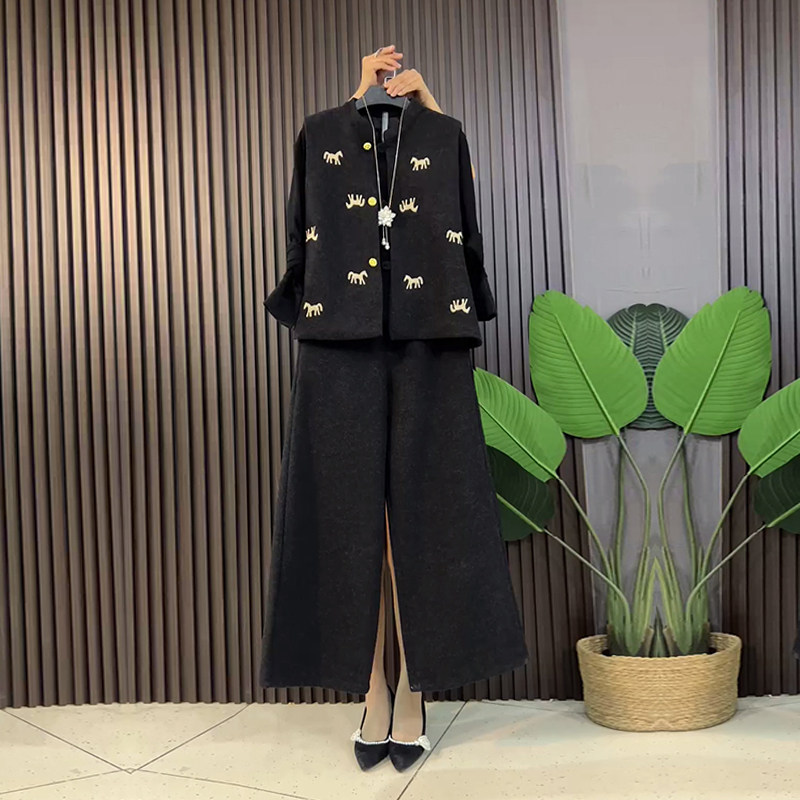 加大码女装立领盘扣马甲长袖打底衫阔腿长裤气质新中式时尚两件套,淘宝优惠券,粉丝福利购,淘宝优惠卷