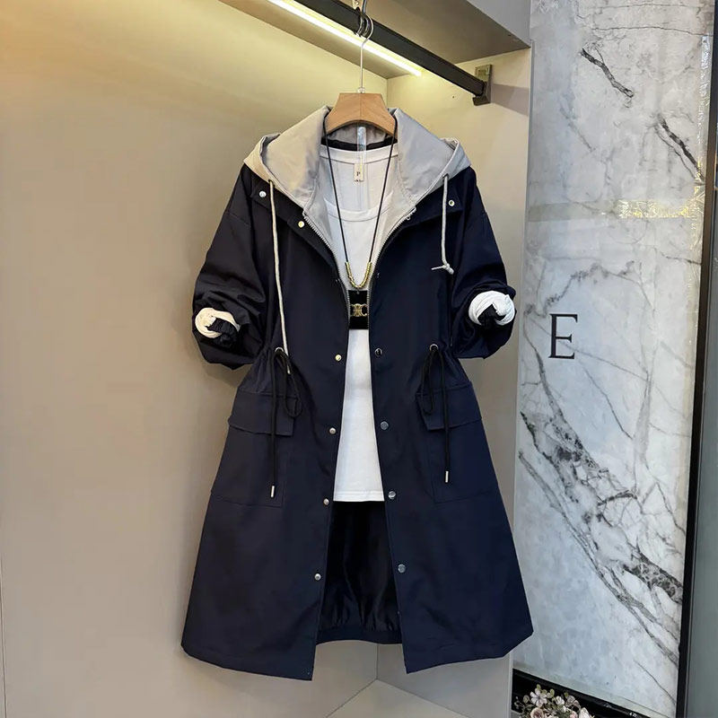 胖妹妹加肥拼色连帽收腰系带风衣大码女装中长款显瘦百搭秋季外套,淘宝优惠券,粉丝福利购,淘宝优惠卷