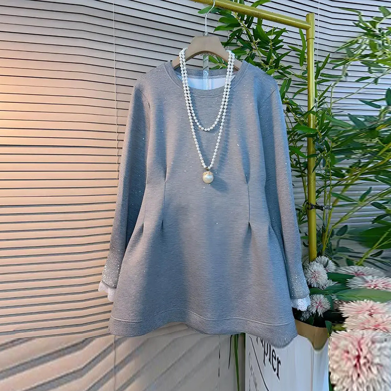 胖妹妹圆领收腰压褶长袖上衣韩版大码女装加肥宽松和肚子百搭卫衣,淘宝优惠券,粉丝福利购,淘宝优惠卷