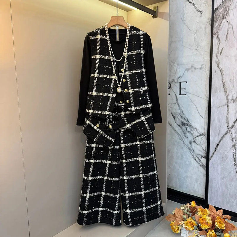 胖妹妹V领格子蝴蝶结马甲高领长袖打底衫阔腿裤气质设计感三件套,淘宝优惠券,粉丝福利购,淘宝优惠卷